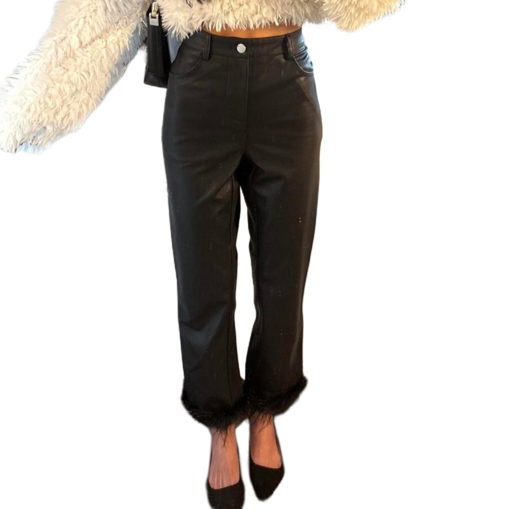 Altar'd State Black Faux Leather Ostrich Feather Crop Flare Pants NWT Size XS